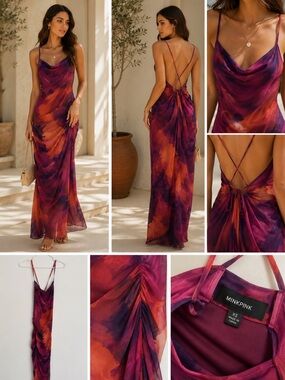 Cowl-Neck Maxi Slip Dress in Mauve & Orange
